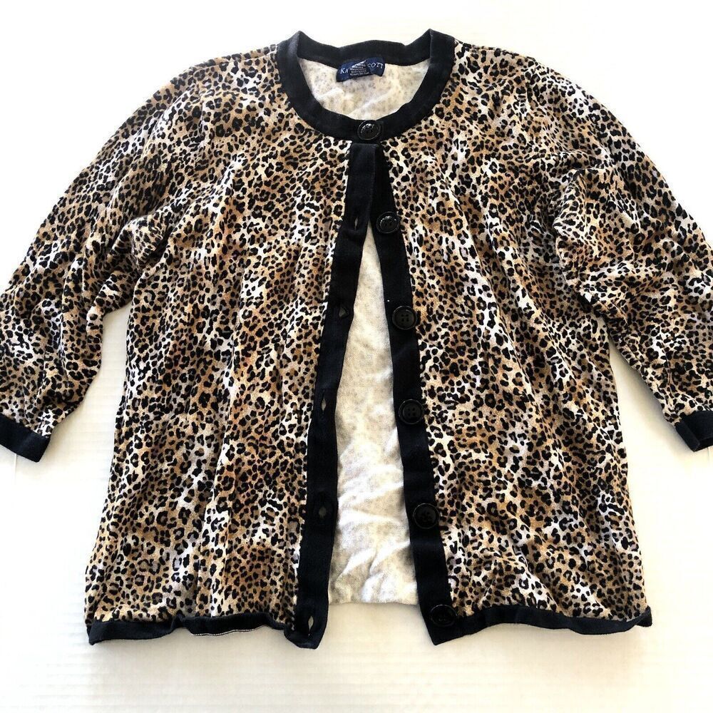 Karen Scott Leopard Print Rockabilly Pinup Cardigan Sweater Vlv Sz PM A3476